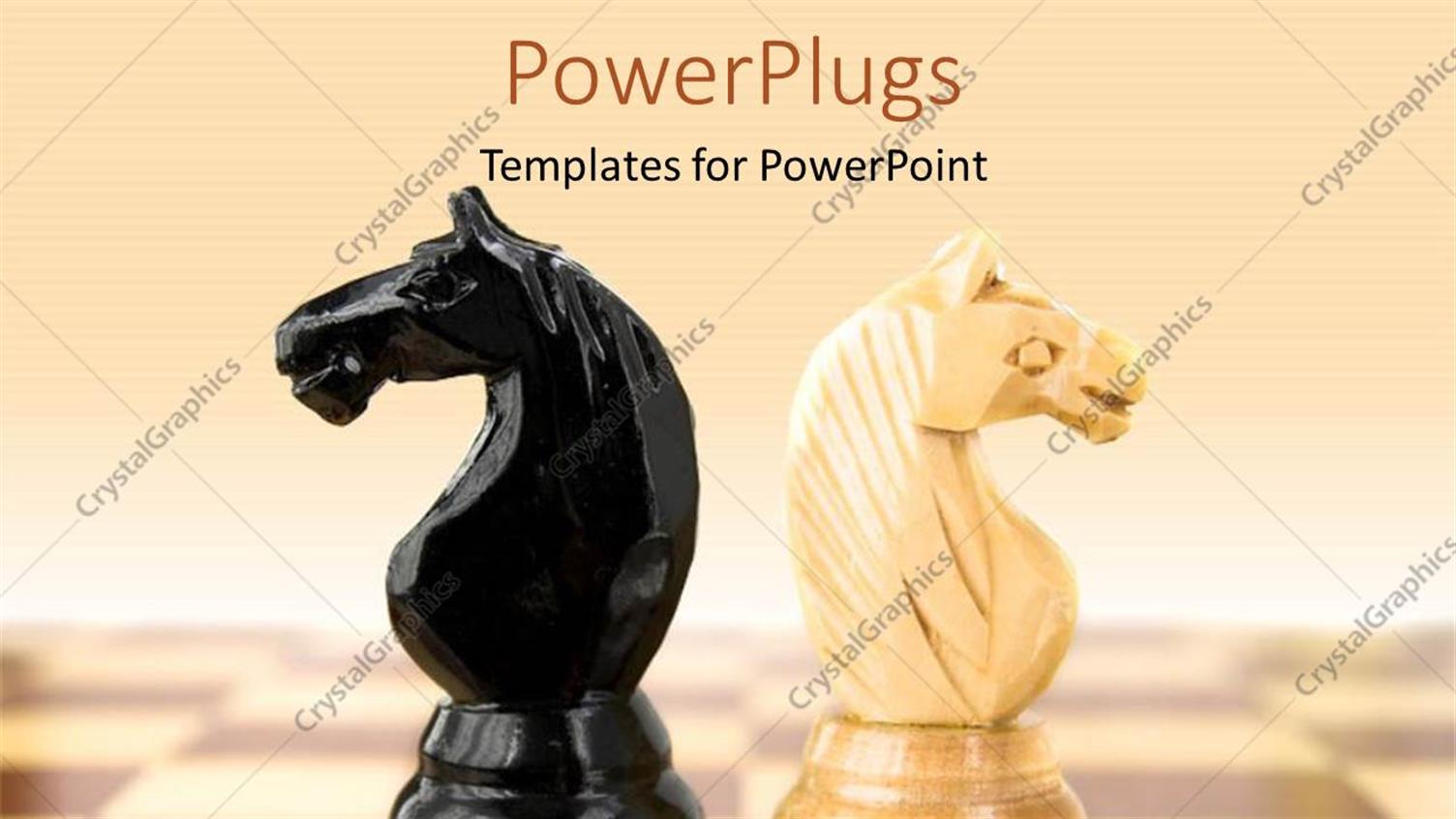 Featuring Wooden Chess Board with black and White Knights Backing Each other 