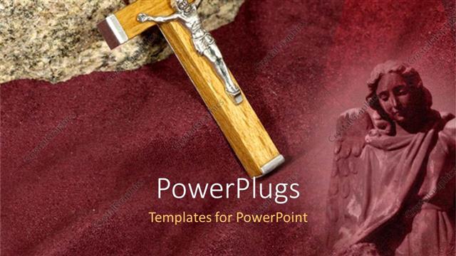  Presentation with angels - A wooden cross with an angels statue on a red background