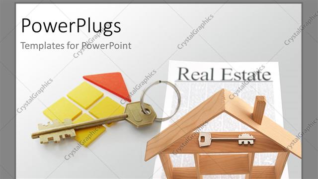  Presentation with house key - Wooden house construction with a key over a real estate paper with grey color