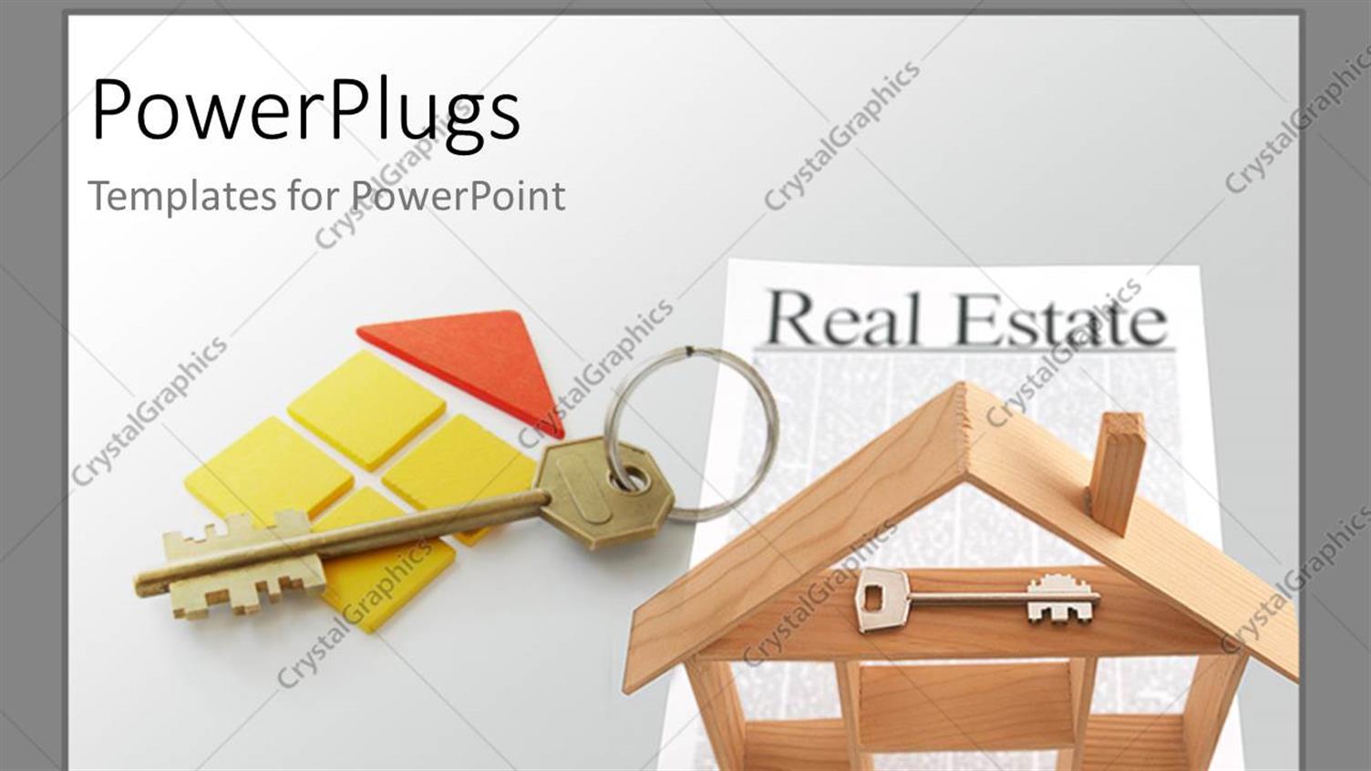 Featuring Wooden House Construction with a Key Over a Real Estate Paper with Grey Color