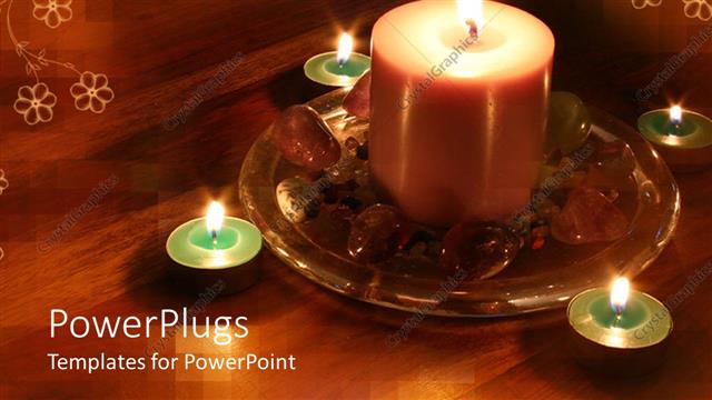  Presentation with white candles - Wooden table with white flowers with lighted candles and stones