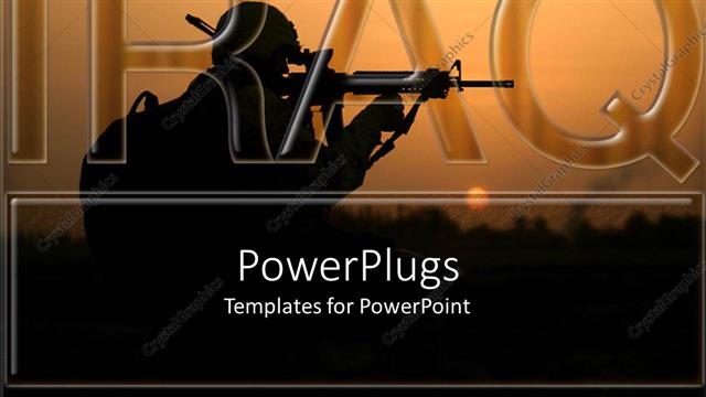  Presentation with iraq war - Word IRAQ with black silhouette of shooter in war with dawn background