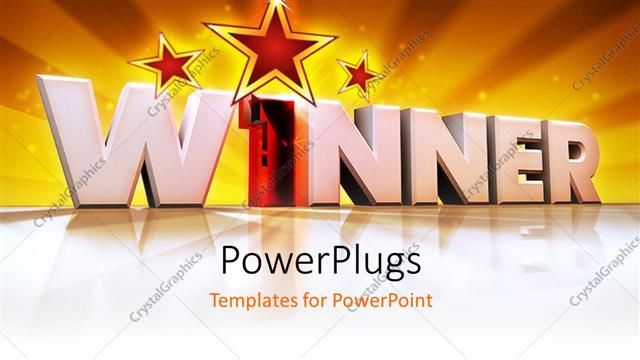  Presentation with winner - Word winner in 3D with number One with rays rising from background