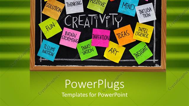  Presentation with creativity - Workplace business creativity chalkboard with sticky notes on green background