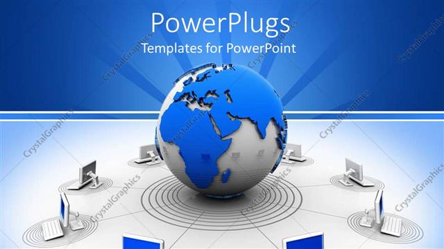  Presentation with networking - Worldwide web theme with globe giving signals to laptops around it