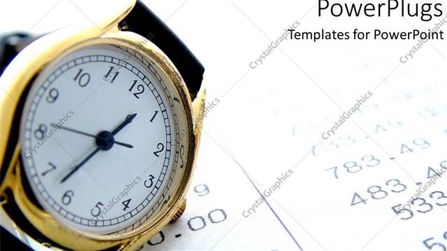  Presentation with financial report - A wristwatch with financial report in the background