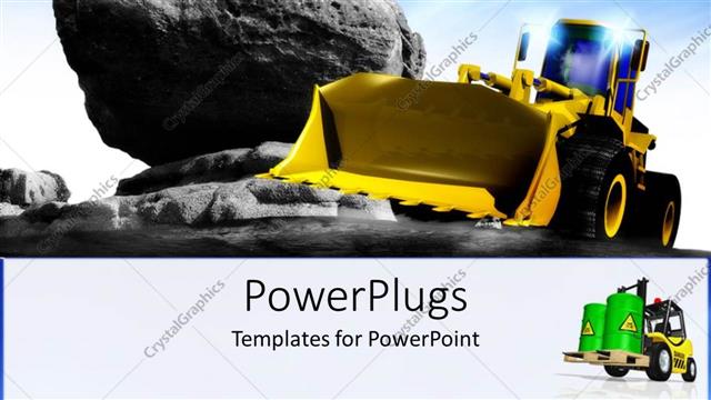  Presentation with vehicle - Yellow earth mover construction vehicle next to large rock