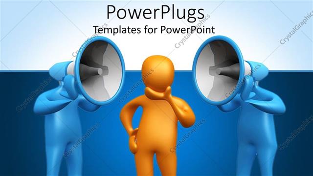  Presentation with contemplating - Yellow figure contemplating two blue figures with loudspeakers