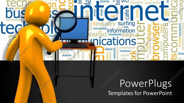  Presentation with search - Yellow figure holding magnifying lens looking at computer desktop