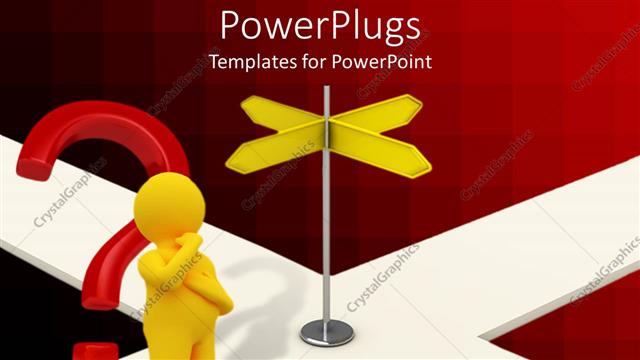  Presentation with road signs - Yellow figure next to red question and yellow road signs at junction