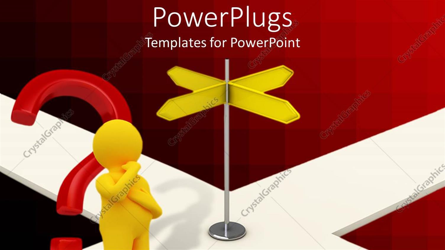 Featuring Yellow Figure Next to Red Question and Yellow Road Signs at Junction