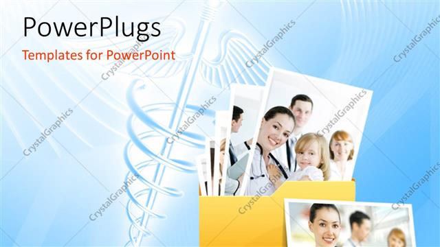  Presentation with medical caduceus - Yellow folder containing medical pictures with symbol of caduceus in background