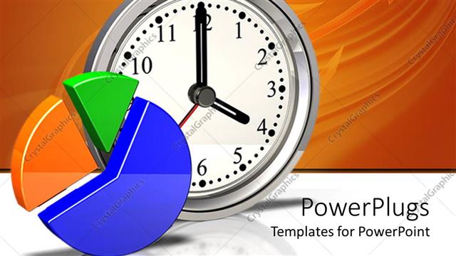  Presentation with orange green white - Yellow, green and blue pie chart, silver metallic clock showing four o'clock on reflective white surface and orange background with arrow
