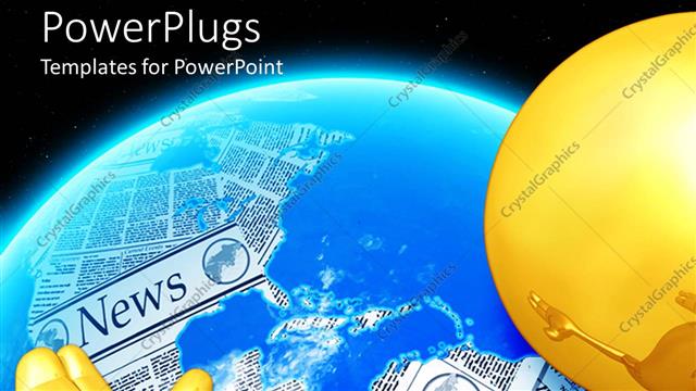  Presentation with newspapers - Yellow hand and head with glowing globe and world map made of newspapers