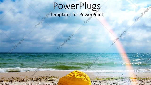  Presentation with beach rainbow - Yellow hat and blue striped flip flops on the beach with sea water and rainbow