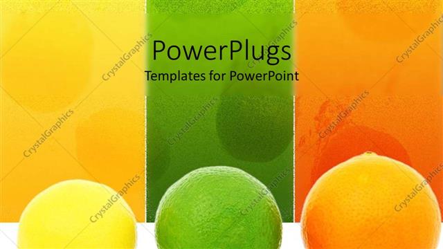  Presentation with orange green white - Yellow lemon, green lime and orange on white table with yellow, green and orange background
