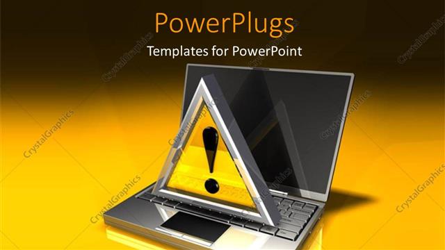  Presentation with metallic - Yellow metallic caution icon on metallic laptop over yellow background