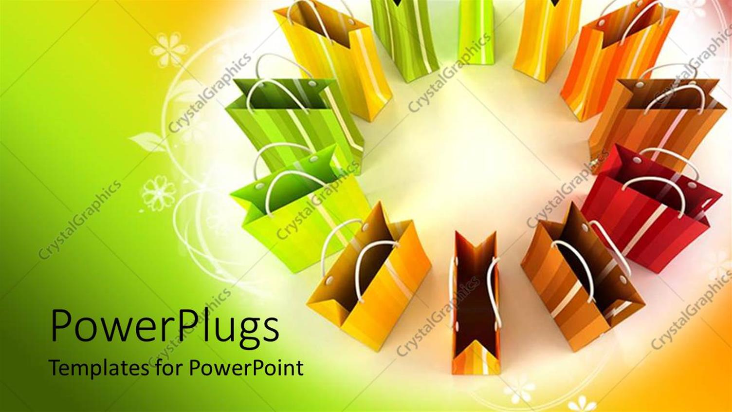 Featuring Yellow, Orange, Red and Green Shopping Bags Displayed in Circular Shape, Surrounded by White Floral Design on Rainbow coloRed Background