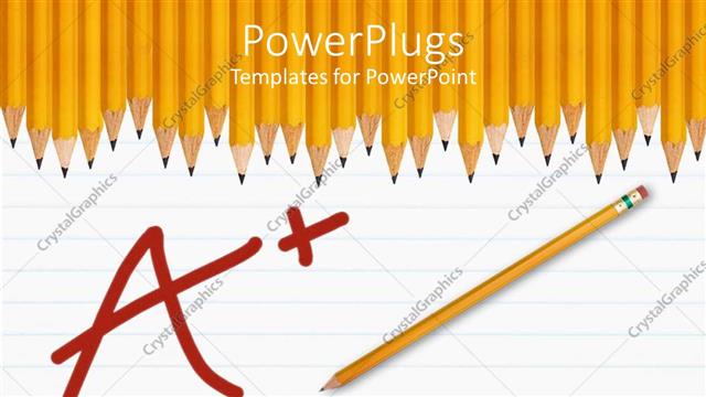  Presentation with yellow paper - Yellow pencil on paper written A+ with many yellow pencils in background