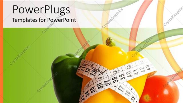  Presentation with diet - Yellow pepper with measuring tape around it with green pepper and tomato