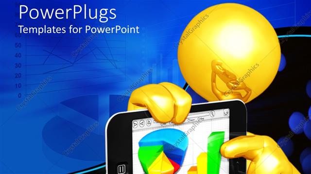  Presentation with touch screen - Yellow person pointing to pie and bar graphs on tablet computer, blue graph background