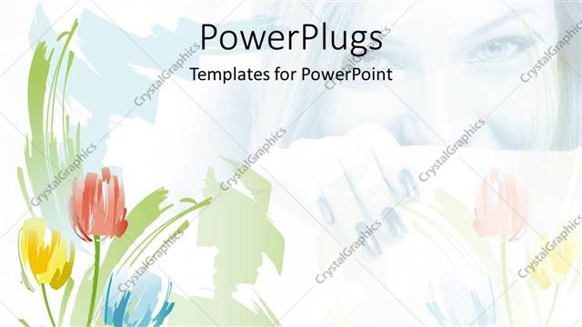  Presentation with red blue yellow - Yellow, red and blue painted tulips on green paint and woman face and hand holding painting fading in the white background