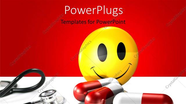  Presentation with three - Yellow smiley face standing behind three large red and white pills and stethescope