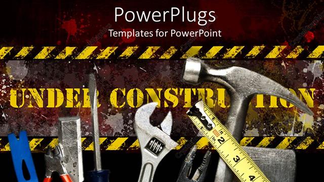  Presentation with under construction - Yellow under construction sign behind tool collection