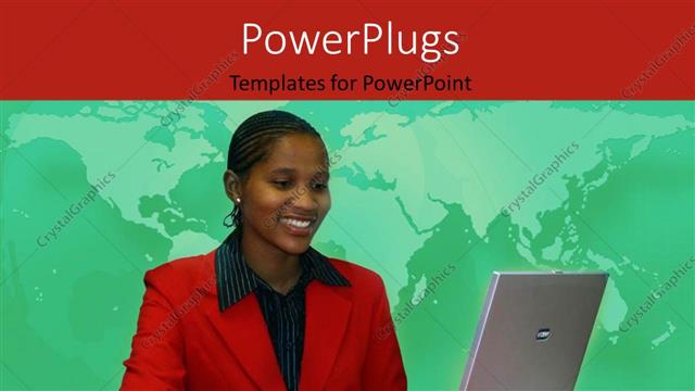  Presentation with laptop - Young African American woman operating laptop with world map in background