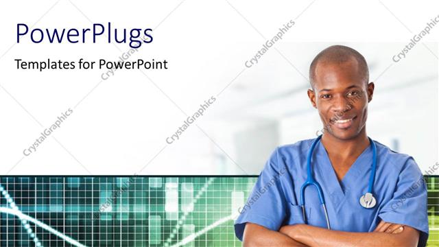  Presentation with doctor african - Young African doctor with stethoscope across neck over medical background