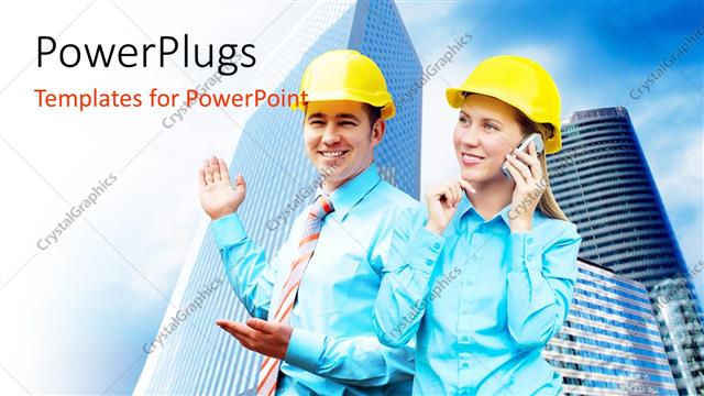  Presentation with architects - Two construction workers with buildings in background