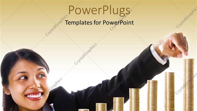  Presentation with gold investment - Young Asian lady points to highest bar of bar chart with gold coins