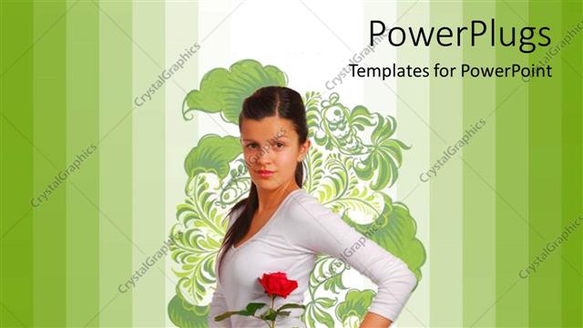  Presentation with green fashion - Young beautiful girl posses with rose over floral background and green bars