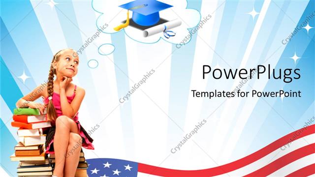  Presentation with american flag - Young beautiful lady sits beside book pile on American flag?