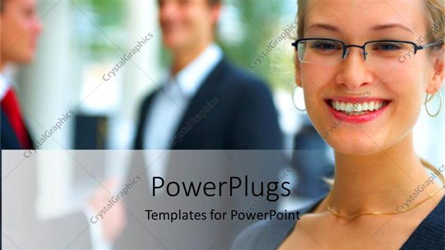  Presentation with eyeglasses - Young blond woman wearing eyeglasses smiling at the camera and two business men talking to each other in the background