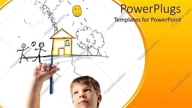  Presentation with pen - Young boy holding a pen imagining a yellow happy home