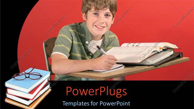  Presentation with stack books - A young boy smiling and reading with a stack of books beside him