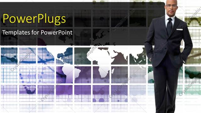  Presentation with leader - Young business man?standing over world map on white background?