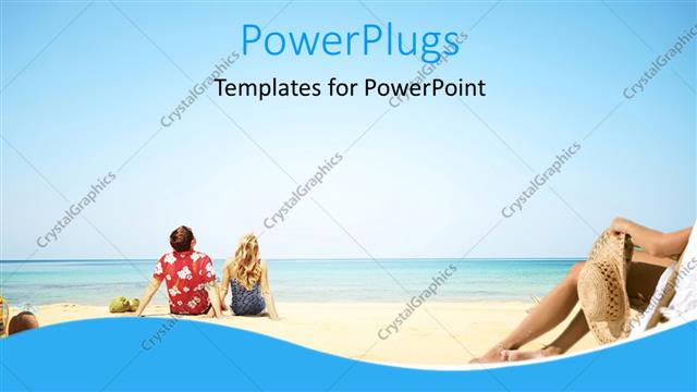  Presentation with sea - Summer vacation with couple sitting on beach sand beside blue sea