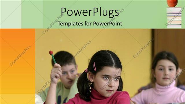  Presentation with hand holding pencil - Young girl in class with raised hand holding pencil