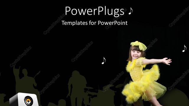  Presentation with speakers - Young girl dancing in yellow outfit against black background with white musical notes and set of large speakers