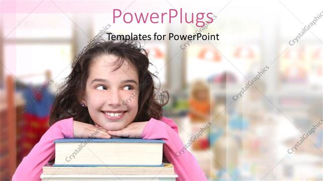  Presentation with student - Young girl leaning on book pile over blurred background