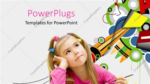  Presentation with designs - Young girl with paintbrush and paints thinking with geometric designs in background