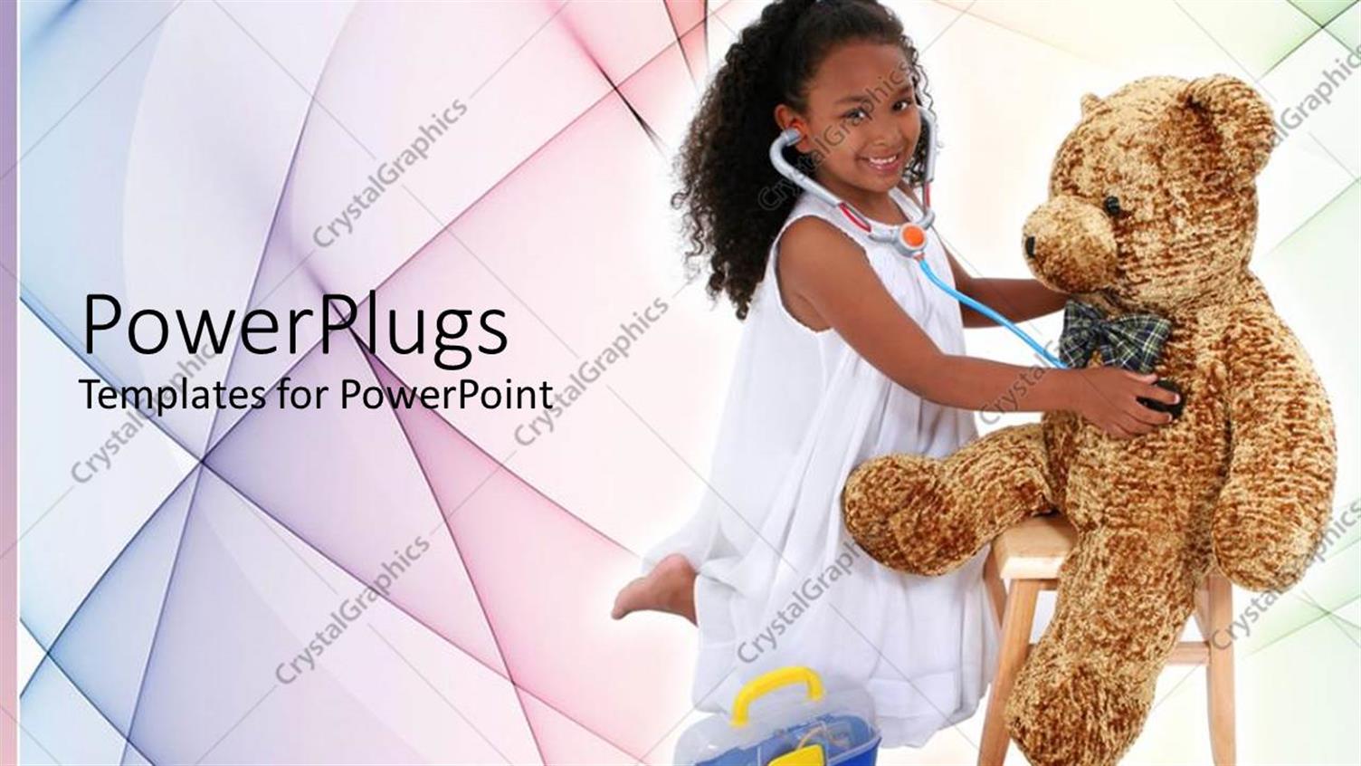 Featuring Young Girl with Stethoscope Playing Doctor to big Brown Bear