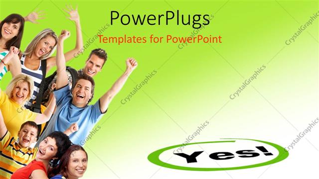  Presentation with yes - Depiction of young happy people with text YES on green background