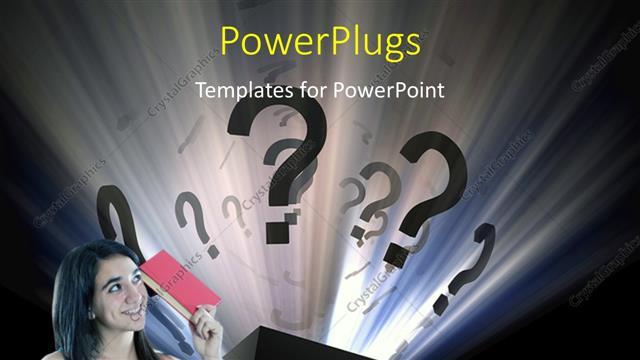 Presentation with lady - Young lady asking questions with question mark symbol popping out of box