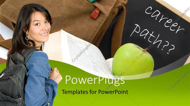 Presentation with career path - Young lady carrying?school?bag with blackboard and green apple