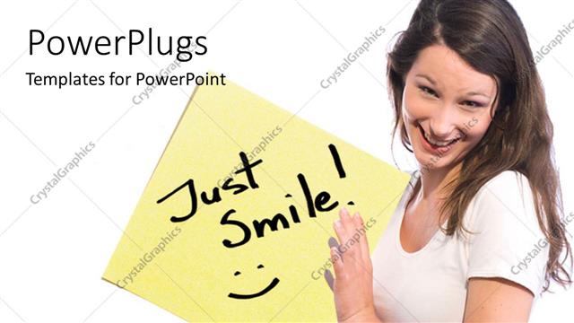  Presentation with young - Young lady holds up sticky note with text, Just smile!