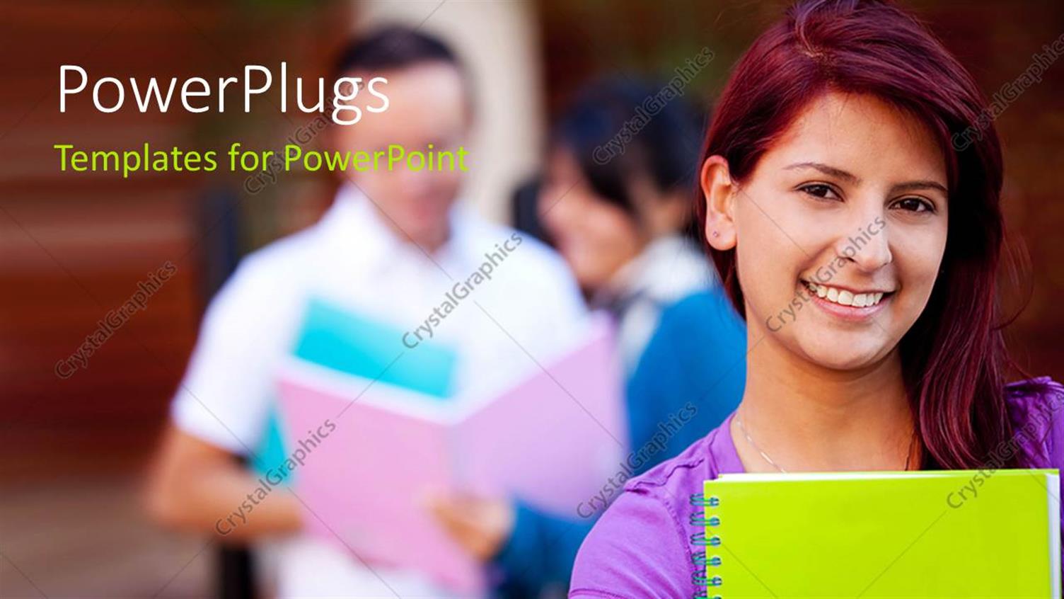 Featuring Young Lady Smiling Carrying Notebook with Students Discussing in Background
