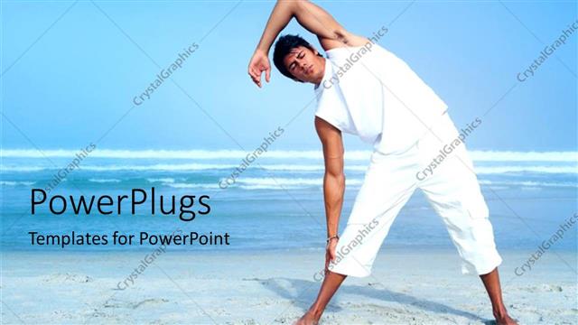  Presentation with work - Young man exercisng in beach sand with clear blue sky over sea